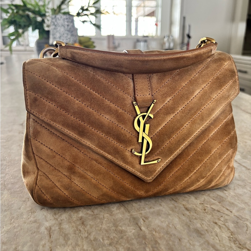 Yves Saint Laurent YSL Brown Suede Lou Lou Bag with gold hardware size small